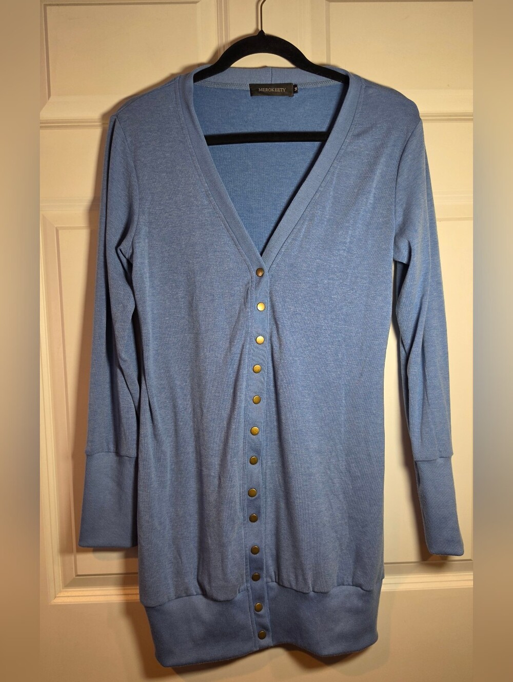 Merokeety Blue V-Neck Snap-Front Long Cardigan Sweater M